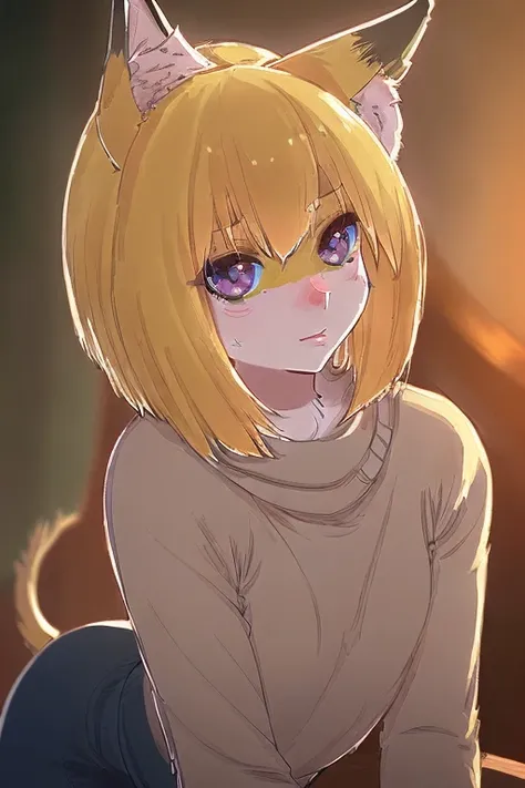 1 girl, furry, slender, pointed ears, tail, short blonde hair not past the neck, sweater, small breasts, cute face, tight clothes, shy, (best quality,4k,8k,highres,masterpiece:1.2),ultra-detailed,(realistic,photorealistic,photo-realistic:1.37),extremely de...