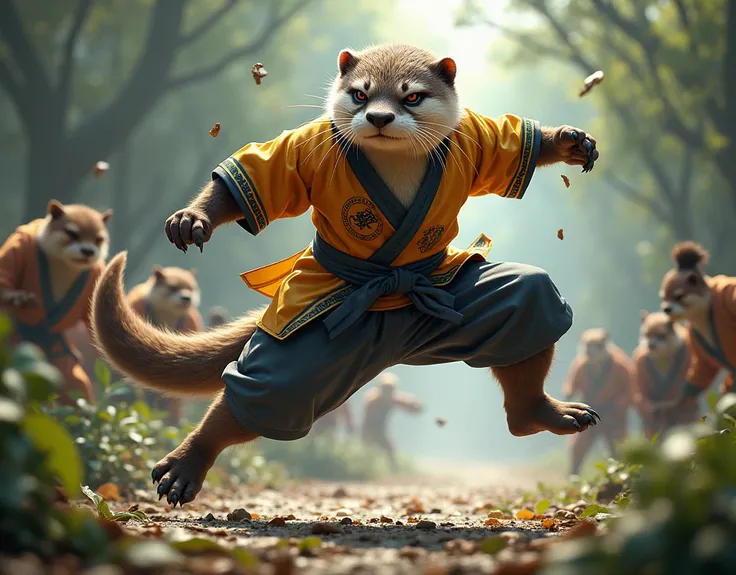 Wild Otter, master of kung-fu, in his fighting suit, leaping into the air to kick his enemies; angry and consuming look; his enemies are in awe of his martial skills; masterpiece