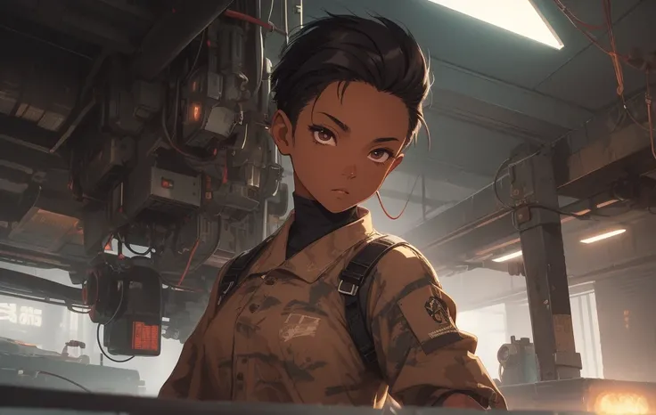 Dark skinned tomboy girl with undercut hair, illustrated by aoiro studio and masaaki komori, hyper detailed, neon lights, cinematic lighting, matte painting, illustrated in an oil painting style, trending on artstation, contemporary art, surrealistic and d...