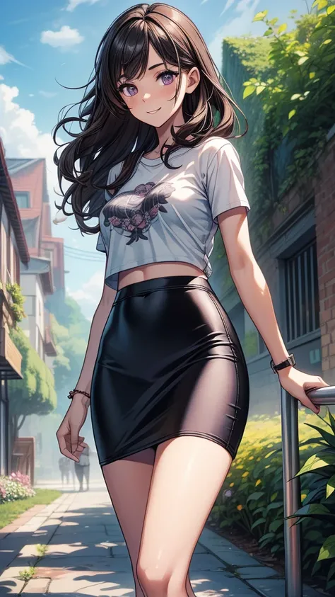 ((((masterpiece, best quality:1.8, high detail)))), beautiful woman, bright purple eyes, smile, solo focus, (((small breasts))), long wavy hair, ((dark brown hair)), hairpin, ((light gray t-shirt fitting size)), flower print shirt, ((black midi pencil ((sk...