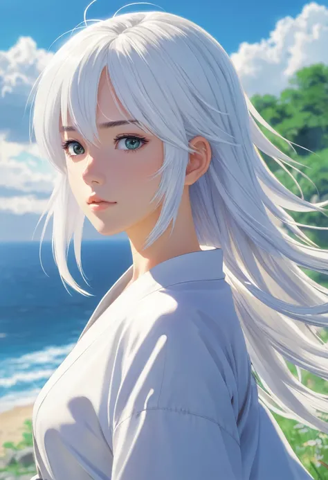 White Hair, by Makoto Shinkai and Makoto Niitsu style.
(best quality, masterpiece, photorealistic), very aesthetic, perfect composition, intricate details, ultra-detailed, vivid colors