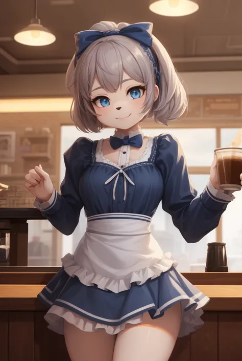 a female anthro schnauzer with blue eyes, wearing a dress, hair ribbon, and skirt in a coffee shop, cute and smiling, highly detailed, 4k, 8k, absurd resolution