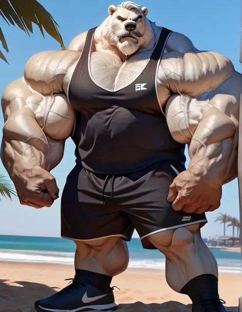 huge muscular polar bear in muscle beach, big Lou Ferrigno flex-like, grunting noise, polar bear, huge white fur, thick arm, huge arm, added thick mustache, added thick beard. Short white hair, (veiny muscular, veiny pectoral, wide pectoral, thick arms), b...