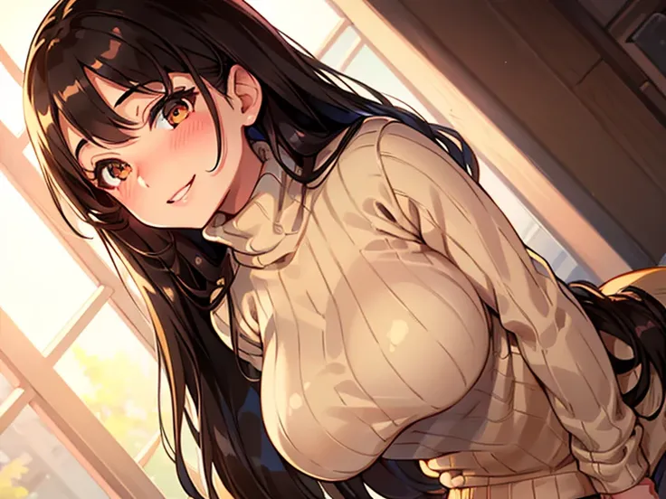 1girl, blush, glowing aura, natural light, masterpiece, (beige turtleneck sweater, brown overcoat), glossy skin, fair skin, juicy lips, sexy, hot, bimbo, black hair, brown eyes, wide eyes, big breasts, long hair, shadow in eyes, bright blush, ((wide smile)...