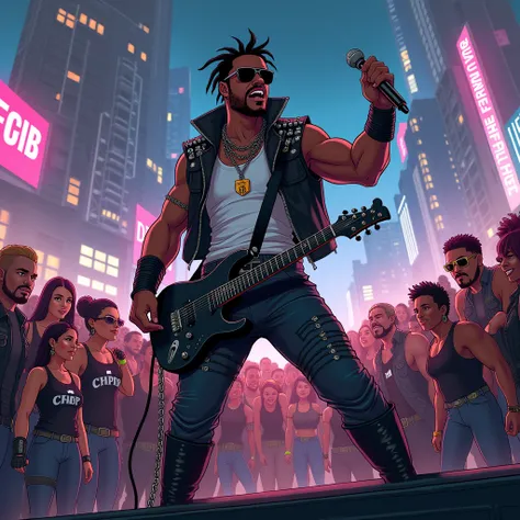 Black haired with dreadlocks and a tuft of hair on the back of his head, Short haircut, Negro man, in aviator glasses, in a black rocker vest with studs, with a white sleeveless tank top under a vest, in black rocker pants with chains, with an army token h...