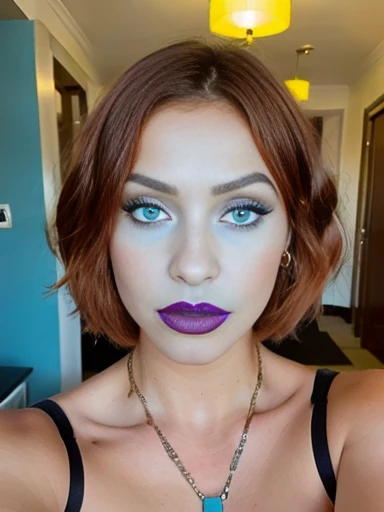 Guapa morena en vestido turquesa un autophoto (has turquoise) (in a hotel), autophoto, Low cut, very detailed, (huge breasts: 1.0), (with neckline), (teenage woman), (black makeup) (blue painted lips), (big lips), innocent face, short hair, (orange hair), ...