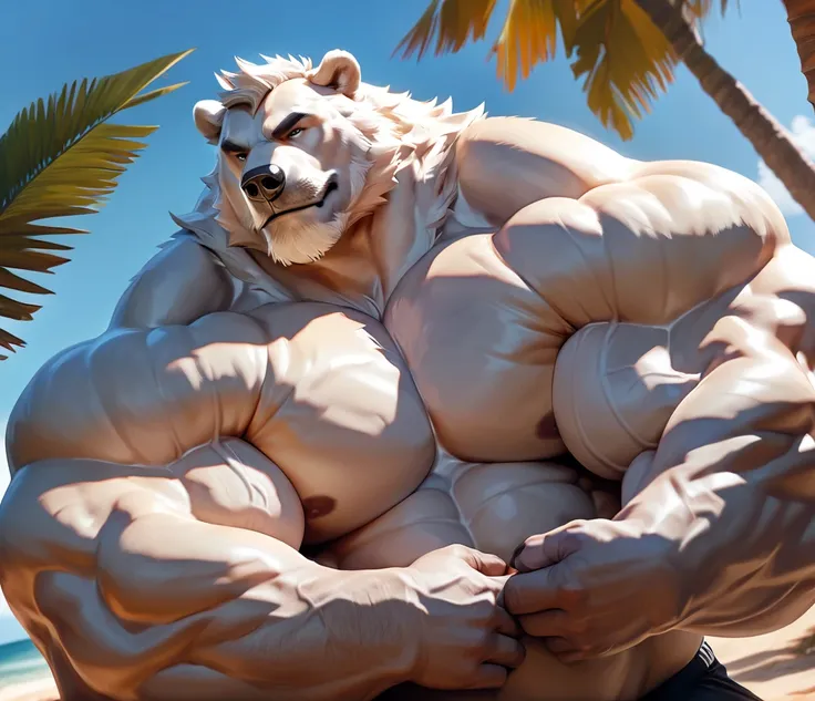 huge muscular polar bear in beach, big hulking flex, grunting smirk, polar bear, huge white fur, thick arm, huge arm, added thigk colored gray mustache, added thick colored grey beard. Short white hair, (veiny muscular, pectoral, wide pectoral, thick arms)...