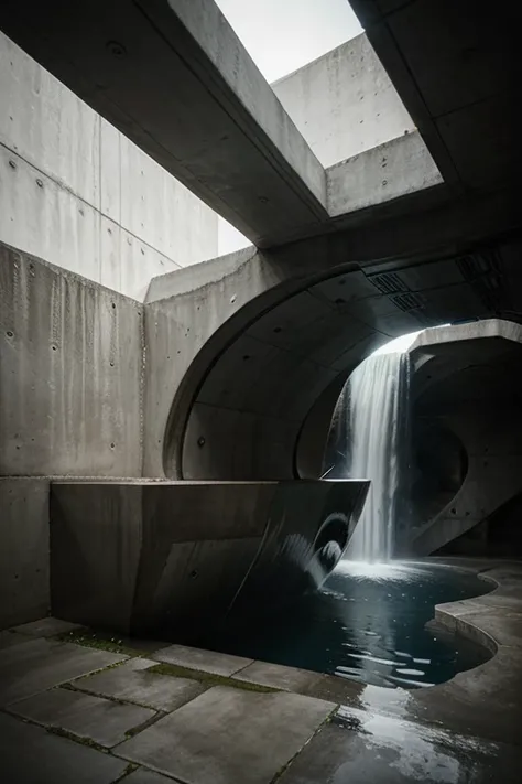 sinuous abstract space for architectural rest inspired by abstract stripes and creations of james cameron, with a waterfall on one of its sides, made from concrete 