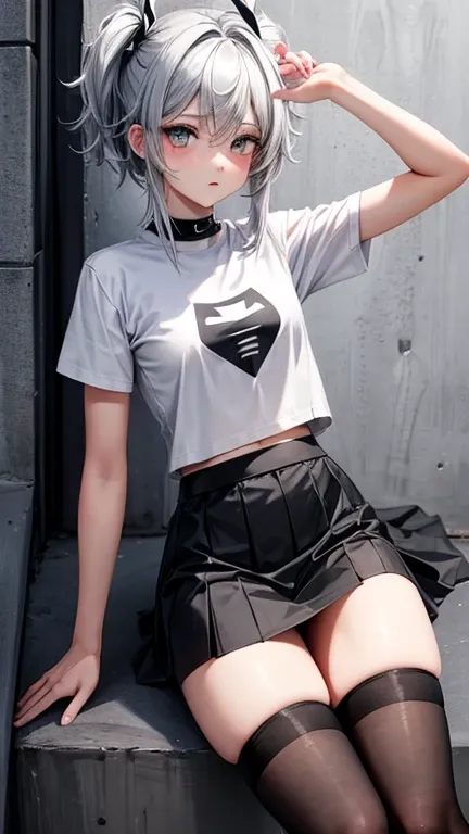 1femboy, black skirt, thight gray tshirt, black thigh highs