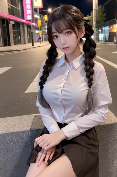 Large Breasts、8k,high quality, Very detailedな, 最high quality, Very detailed, Beautiful Japanese Girl、Office Lady Costume、Dark pink eye makeup、Thick eyelashes、White skin、Braided twin tails、Brownish gray hair、Bring your arms together、Night Street、Arms crosse...