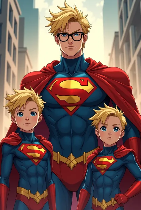 Anime, adulte blond avec lunette superHeros blond, deux enfants garçons blond superheros, regardant de face