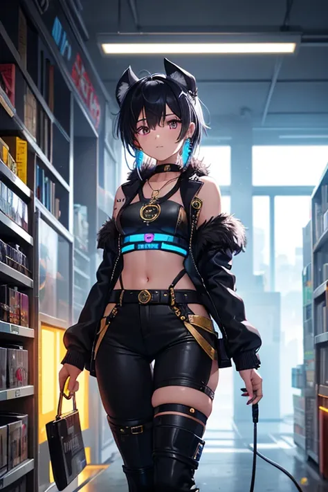 1girl, browsing shelves not facing viewer, glancing at viewer over shoulder, anime style, pear-shaped physique, tanned skin, wide hips, small chest, medium length black hair with a shaved undercut, reddish-purple eyeshadow, right arm replaced by a futurist...