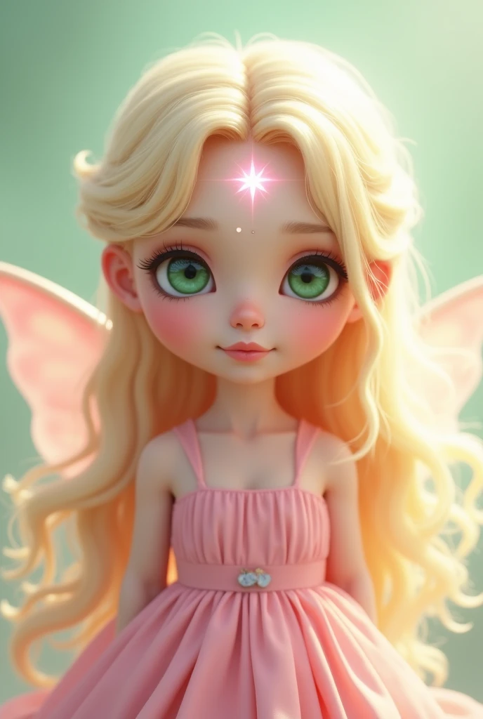 blonde girl, green eyes, Long hair, and with a pink star on her forehead and a pink dress