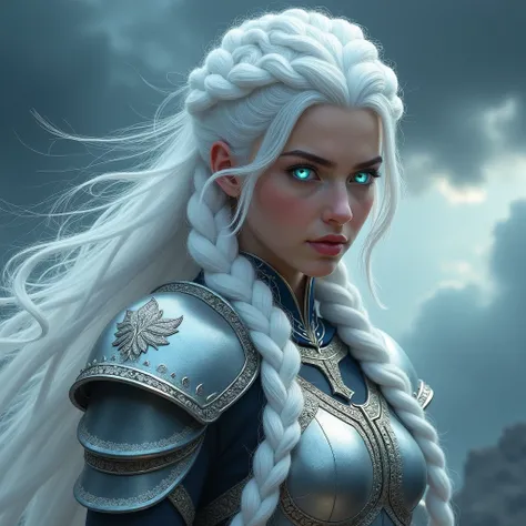 A fantasy warrior with snow-white hair, styled in intricate braids. Her eyes glow with a soft, ethereal light, and she wears silver armor with ornate engravings. The background is a stormy sky with dark clouds swirling behind her, highlighting the brightne...