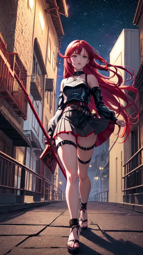 Adult woman, ((very short mini skirt)), armored purple top, black leather belt, high heel purple sandals, red under panties, walking thorough village, full body visible, green eyes, ((long red hair)), hair movement, small breasts, attack pose, holding a da...