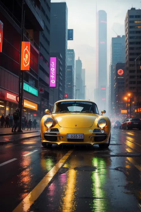 A orange Porsche 356A tears through a neon-drenched cyberpunk city. Rain splatters off its aerodynamic body, the wind whipping through the drivers hair. Towering, angular buildings pierce the dense fog, their holographic advertisements flickering with blin...