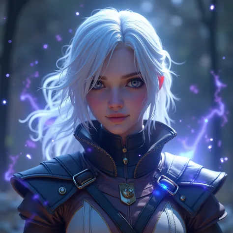 A 3D render of Ciri surrounded by a magical glow, emphasizing her connection to Elder Blood. Her white hair shines as it is slightly lifted by the energy around her. with light particles swirling around her. Her leather armor is finely detailed, and her fa...