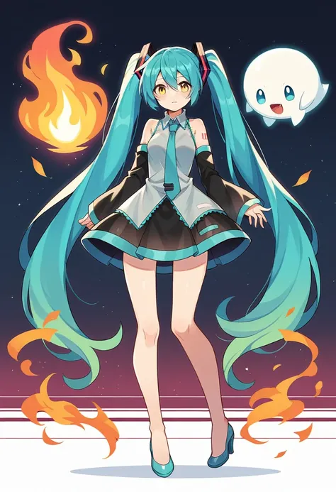 hatsune miku, 1girl, long hair, looking at viewer, dress, hair between eyes, bare shoulders, twintails, standing, blue hair, full body, yellow eyes, multicolored hair, frills, detached sleeves, sleeveless, high heels, sleeves past wrists, pokemon (creature...