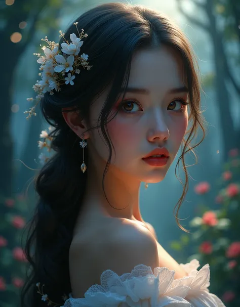 a girl in a fantasy moonlit garden, beautiful detailed eyes, beautiful detailed lips, extremely detailed eyes and face, long eyelashes, elegant long hair, moonlight glowing skin, whimsical fairy-like expression, magical moonlit forest background, (best qua...