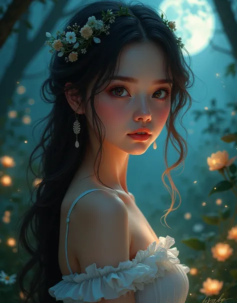 a girl in a fantasy moonlit garden, beautiful detailed eyes, beautiful detailed lips, extremely detailed eyes and face, long eyelashes, elegant long hair, moonlight glowing skin, whimsical fairy-like expression, magical moonlit forest background, (best qua...