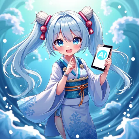 send, SeaArt&#39;s charming mascot, Striking a dynamic pose with light blue and white hair flowing like ocean waves. Her bright, Expressive eyes radiate creativity and curiosity. She wears a modern kimono decorated with digital patterns and intricate embro...