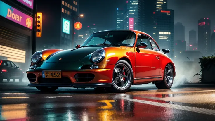 A black dark Porsche 356A tears through a neon-drenched cyberpunk city. Rain splatters off its aerodynamic body, the wind whipping through the drivers hair. Towering, angular buildings pierce the dense fog, their holographic advertisements flickering with ...