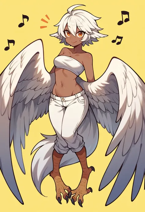 1girl, solo, looking at viewer, simple background, navel, white hair, dark skin, dark-skinned female, orange eyes, monster girl, feathered wings, yellow background, musical note, white wings, bird tail, winged arms, white feathers, harpy, talons, bird legs