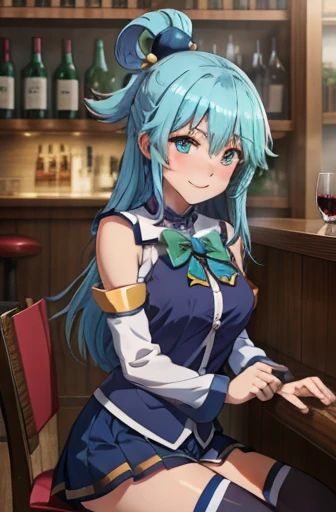 masterpiece, best quality, highres, absurdres, ultra detailed, pretty eyes,
 aaaqua, long hair, blue hair, hair rings, hair ornament,choker, bare shoulders, green bow, blue shirt, detached sleeves, blue skirt, thighhighs, drunk, intoxicated, blushing, hazy...