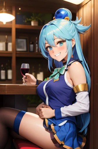 masterpiece, best quality, highres, absurdres, ultra detailed, pretty eyes,
 aaaqua, long hair, blue hair, hair rings, hair ornament,choker, bare shoulders, green bow, blue shirt, detached sleeves, blue skirt, thighhighs, drunk, intoxicated, blushing, hazy...