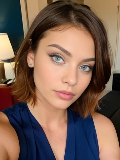 Guapa morena en vestido azul un autophoto (has blue) (in a hotel), autophoto, Low cut, very detailed, (huge breasts: 1.0), (with neckline), (teenage woman), (matte blue makeup), (big lips), innocent face, short hair, (orange hair), blue eyes, High resoluti...