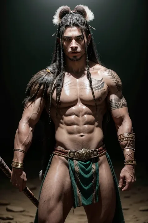 A strong and imposing warrior, Ajuricaba has dark skin and defined muscles. He has long braided black hair and intense green eyes.. Wears animal skin clothing, adorned with feathers and symbols of war. His body is covered in scars from ancient battles. Aju...