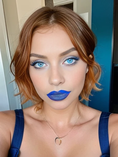 Guapa morena en vestido azul un autophoto (has blue) (in a hotel), autophoto, Low cut, very detailed, (huge breasts: 1.0), (with neckline), (teenage woman), (blue makeup) (matte blue painted lips), (big lips), innocent face, short hair, (orange hair), blue...