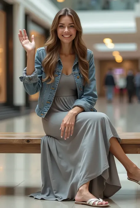 A Realistic high quality no dismemberment 3D AI model and HD face of a confident White Russian Woman 2 posing elegantly for a full shot body photo for you smiling showing teeth at you inside a Mall in St.Petersburg Russia having long Brown hair with Blue e...