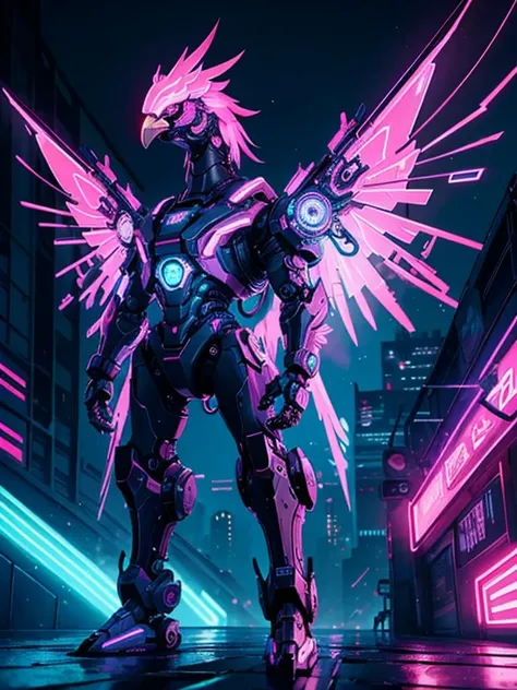 a robotic cyberpunk rooster, futuristic mechanical rooster, blue and pink color scheme, intricate mechanical details, non-humanoid but rooster, glowing cybernetic implants, robotic limbs and wings, industrial background, neon lighting