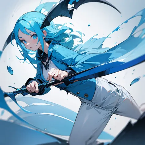 Make a slime in the form of a woman holding a blue scythe and straight blue hair, clothes the same color as the slime form and bright blue eyes. 


