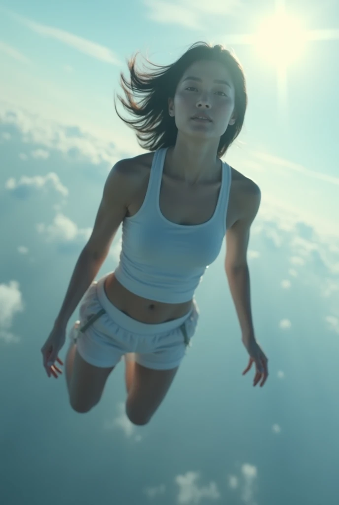 Japanese woman in tank top skydiving, real photo, ultra high resolution, 4K