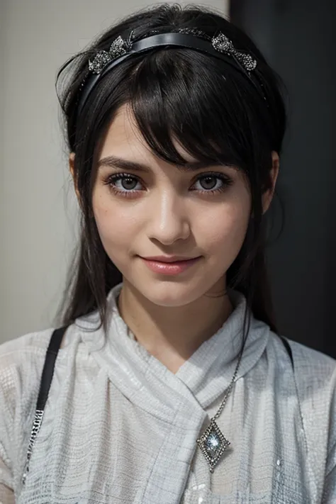 black hair, swept bangs, hairband, eyeball, diamond-shaped pupils, smile, shy, Surrealism, masterpiece, textured skin, high details, best quality, robe élégante