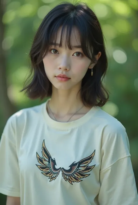 Japanese woman wearing a T-shirt with the ROLLY logo with wings on the back, real photo, ultra high quality, 4K