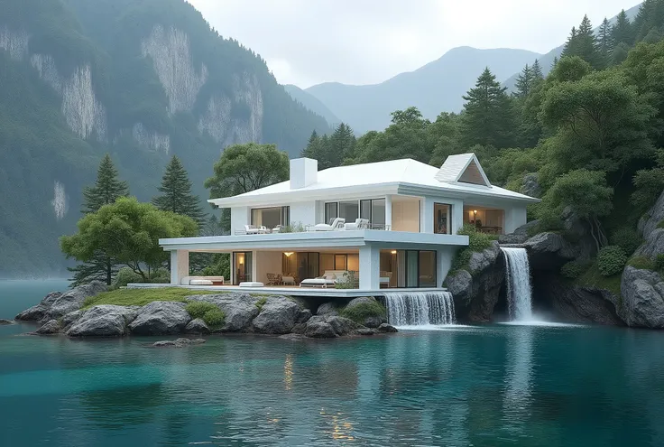 Beautiful House of White Stone on the Very Shore, waterfalls, (epic landscapes, New Zealand, ultra detailed environment), beautiful design, Highly detailed features, insanely ultra realistic, insanely photo realistic, Insanely high overall quality, Insanel...