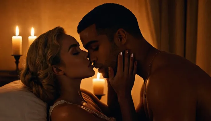 Lucien Laviscount and Caucasian actress Freya Allan share a steamy kiss inside a bedroom lit only by candlelight. Freya has lovely makeup on her face. Nighttime. Romantic ambiance. Symmetrical eyes. Symmetrical faces. Lovely details. Photorealistic. Full-c...