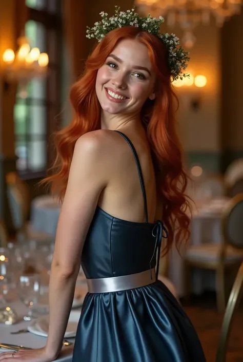 Realistic shot of a torso portrait of a red-haired young 20-year-old German flower girl with long hair, hair band, Flower in hair, Necklace, smile. She playfully bends in front of the camera in a shiny, metallic dark blue satin dress with a silver satin ri...