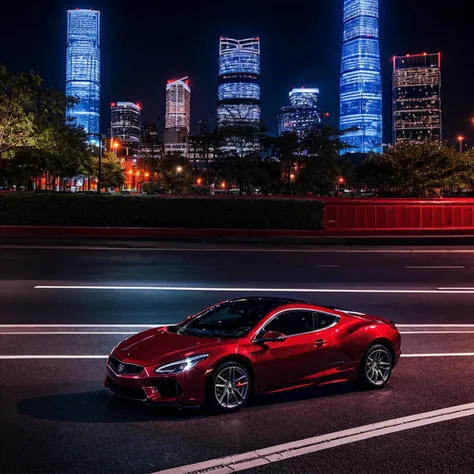 A red luxury car stands on the road in the middle of the night city. side view. headlights on, houses and skyscrapers are glowing all around