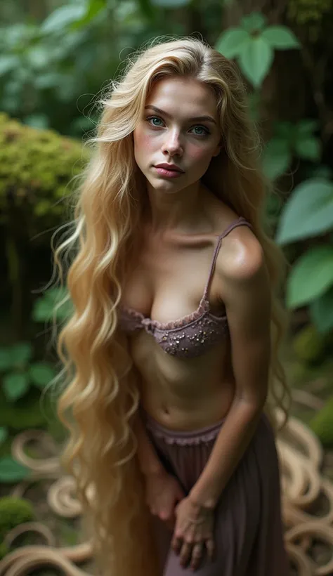 Closeup, mid shot, high angle, thin Rapunzel is laying on her back looking up at camera, completely nude, wearing, small breasts, visible nipples, her hair is one hundred feet long and curled all around her, enchanted forest, lots of green, moss, 