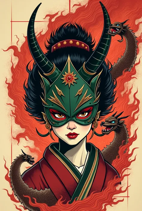 Let your imagination run wild with this unique design. A traditional tattoo is brought to life with an explosion of red flames, while a geisha and a demon hannya add a touch of mystery and intrigue. The perfect balance of tradition and modernity. and Colur...