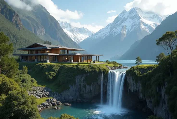 New Zealand and its epic landscapes, beautiful house, beautiful design, waterfalls, (ultra detailed environment), Highly detailed features, insanely ultra realistic, insanely photo realistic, Insanely high overall quality, Insanely high detail, Insanely hi...