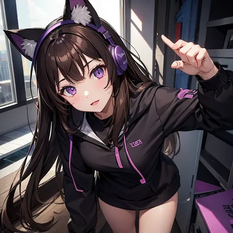 1girl, Brown Hair, Purple Eyes, Cat Ear Headphones, 