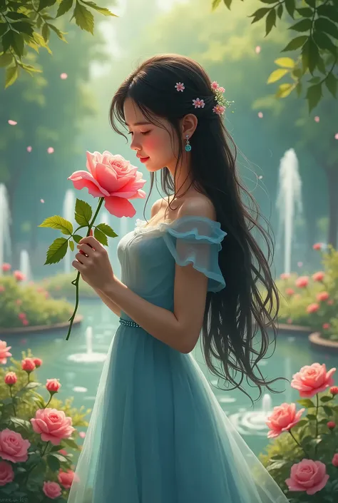 Girl with long dark hair in blue dress smelling pink rose flowers. the girl is in the park, where the fountains work