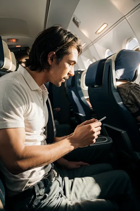 A man traveling by plane accompanied by an animal