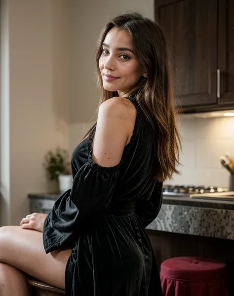 Jolie brune européenne, belle et sexy, aux yeux vert clair, 22 ans, 


regard séduisant dans les yeux, girl wears designer robe en velours rouge, photo de tout le corps, assise, sourire sardonique, robe en velours rouges, baskets, jambes nues, Robe rouge,
...