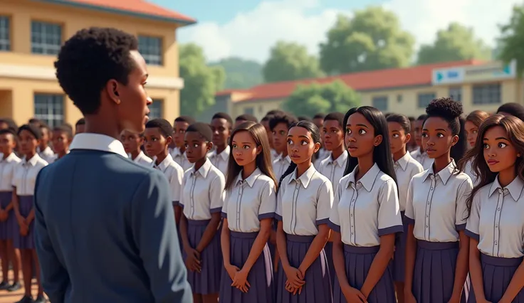 Img a secondary school environment with students assembling for an announcement by their headteacher,all the students are wearing school uniforms,Nigerian setting